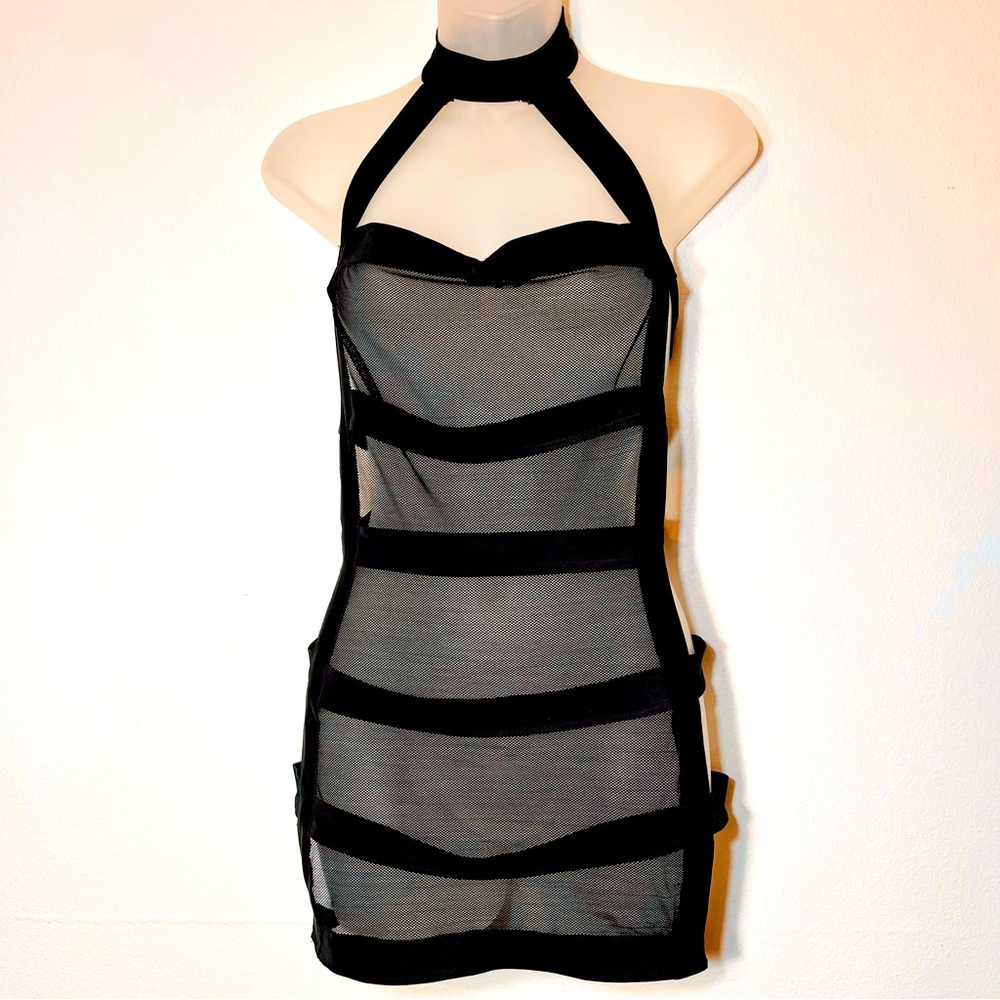 Starline Black Cage Mess Sheer Dress Lingerie with Halter Neck Size Medium